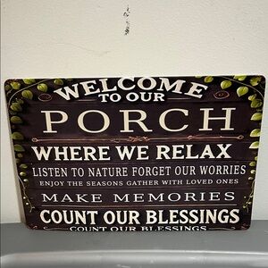 Rustic Brown Metal Porch Sign with four holes for hanging NWOT